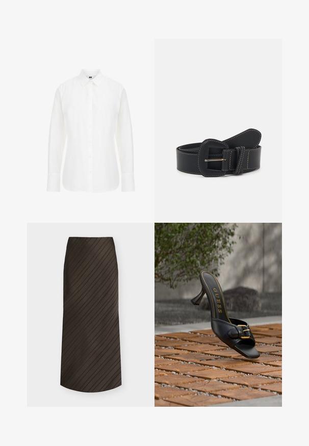Camisa blanca de manga larga hecha de algodón, con un cuello clásico, botones en la parte delantera y un dobladillo recto con bordes ligeramente redondeados.; Falda línea A marrón oscuro con rayas negras diagonales, largo midi y cinturilla sencilla.; Mula negra de tacón alto con hebilla dorada y logo "GUESS" en el interior, situada sobre un suelo de baldosas exteriores con textura y fondo desenfocado de vegetación.; Cinturón de cuero negro con una hebilla cuadrada, acentuado por costuras en contraste y una textura suave, que presenta un diseño tradicional de bucle para el cinturón.