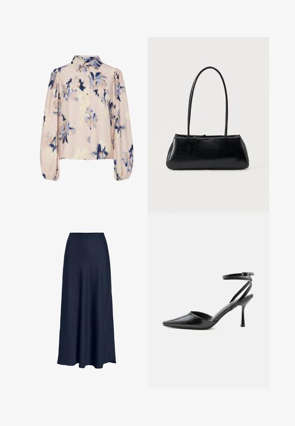Blusa de manga larga con cuello, base beige, estampado floral abstracto en tonos azules y marrones, cierre frontal de botones y puños elásticos.; Falda maxi de satén azul marino con una textura suave, cintura alta y silueta fluida. Termina con una ligera curva en el dobladillo.; Zapato de tacón alto negro de punta fina con delgadas correas en el tobillo y cierre de hebilla plateada sobre un fondo liso claro.; Bolso de hombro rectangular negro con correas largas y delgadas y una textura lisa y brillante sobre un fondo liso.