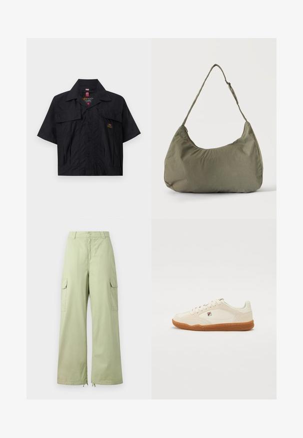 Schwarzes kurzärmeliges Hemd mit durchgehender Knopfleiste, zwei Brusttaschen und einem kleinen Logopatch. Hergestellt aus einem leichten, strukturierten Stoff.; Helle grüne Cargo-Hose mit weitem Bein, aus Baumwolle. Verfügt über zwei Seitentaschen und einen Knopfverschluss. Glatte Textur und lässiges Design.; Weiße Sneakers mit einer Wildleder-Oberfläche, Gummisohle und gestickten Details. Verfügt über ein Schnürdesign und ein kleines Logo an der Seite.; Olivgrüne weiche Stoff-Schultertasche mit Reißverschluss und verstellbarem Tragegurt vor einfarbig hellem Hintergrund.