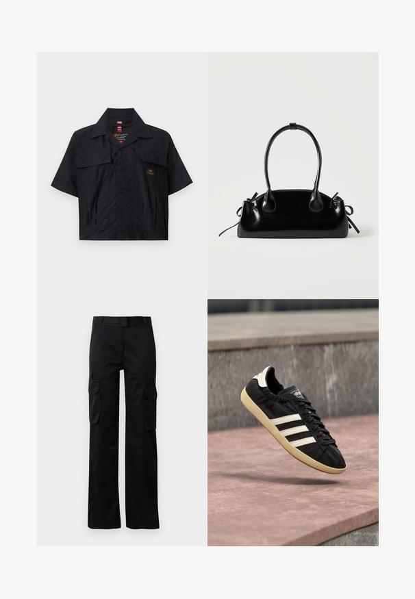 Schwarzes kurzärmeliges Hemd mit durchgehender Knopfleiste, zwei Brusttaschen und einem kleinen Logopatch. Hergestellt aus einem leichten, strukturierten Stoff.; Schwarze Cargo-Hosen aus strapazierfähigem Stoff, mit zwei Seitentaschen und geradem Bein Design. Glatte Textur mit klassischer Passform.; Schwarzer Adidas-Sneaker mit weißen Streifen und beiger Sohle, in der Luft über einer steinernen Oberfläche und mit Steinwand im Hintergrund aufgenommen.; Kleine schwarze glänzende Handtasche mit zwei langen Griffen und seitlichen Kordelzug-Details vor einfachem hellem Hintergrund.