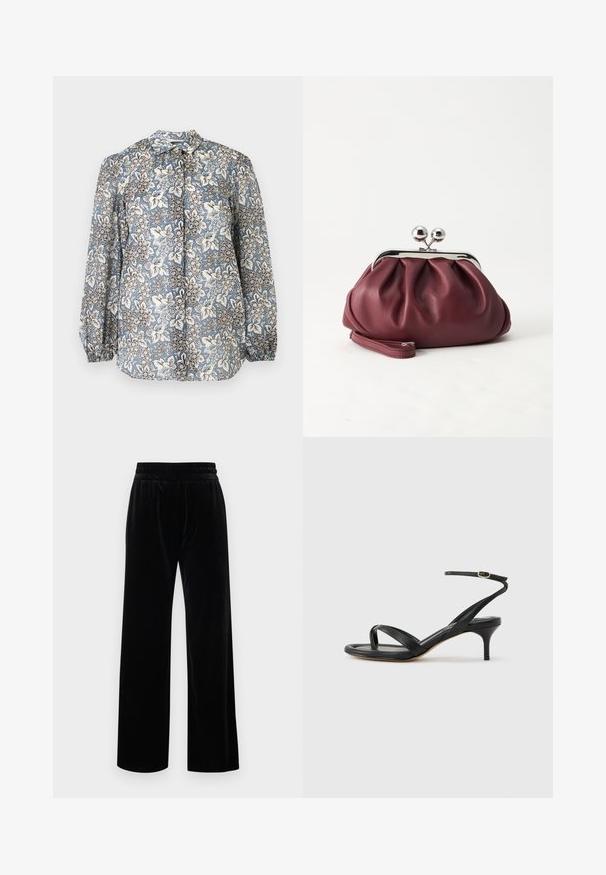 Blouse à manches longues avec motif floral bleu, blanc et noir, devant boutonné, poignets froncés sur fond gris clair.; Pantalon en velours noir avec taille élastique et jambes larges et droites, présenté sur un fond clair uni.; Sandale pour femme en cuir noir avec fines lanières, une boucle d'orteil, une boucle à la cheville et un talon aiguille de hauteur moyenne sur un fond neutre.; Petit sac pochette en cuir bordeaux avec fermoir métallique argenté et bracelet sur fond blanc.