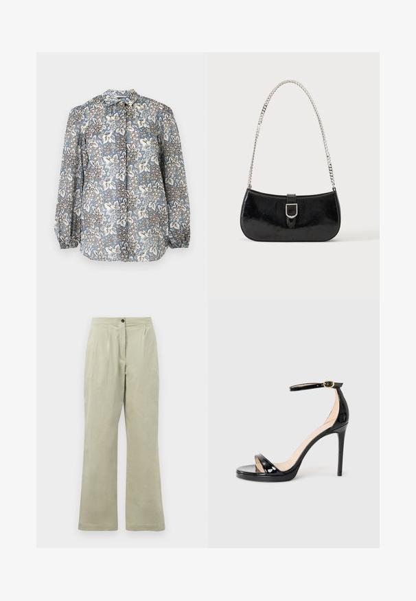 Blouse à manches longues avec motif floral bleu, blanc et noir, devant boutonné, poignets froncés sur fond gris clair.; Pantalons larges vert clair en tissu doux, dotés d'une fermeture à bouton à l'avant, de plis et d'un ourlet net.; Sandale à talon haut en cuir verni noir avec une bride de cheville et une boucle dorée, bout ouvert et talon stilettos fin, sur un fond uni.; Sac à épaule en cuir verni noir avec détail de boucle argentée et bandoulière en chaîne argentée, présenté sur un fond uni clair.