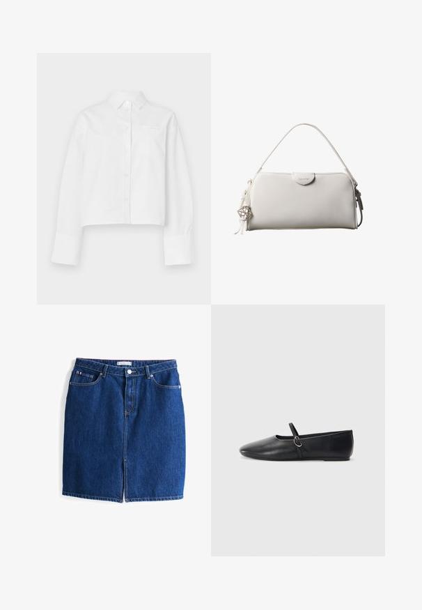 Chemise blanche courte en coton. Caractéristiques : col classique, manches longues, boutons sur le devant et poche poitrine gauche.; Jupe en denim de couleur bleu foncé, avec fermeture à boutons à l'avant et deux poches. Elle présente une coupe droite et une longueur au genou.; Ballerines noires en cuir avec un bout pointu, une semelle plate et une petite sangle avec un détail de boucle en argent.; Sac à main rectangulaire blanc Calvin Klein avec une seule poignée, design minimaliste et pampilles décoratives avec un charm métallique géométrique sur le côté.