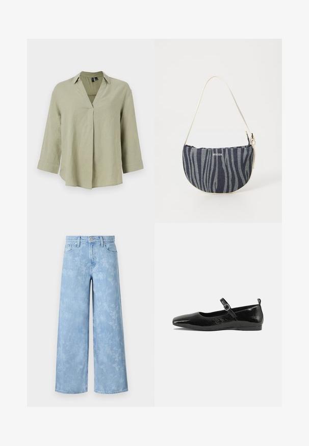 Olivengrøn linnedskjorte med V-hals, lange ærmer og en afslappet pasform. Har en center sømdetalje og oprullede manchetter.; Lysblå wide-leg jeans med et falmet blomstertryk, fem lommer og en knaplukning i taljen. Denimstof med let struktur.; Sorte patentlæder flade sko med spidse tæer, en ankelrem med spænde og en glat, blank tekstur. Lav hæl for komfort.; Denim taske med en buet form, der har et navy og lyseblåt zebra-stribemønster, hvid strop og brandlogoet tydeligt præsenteret.
