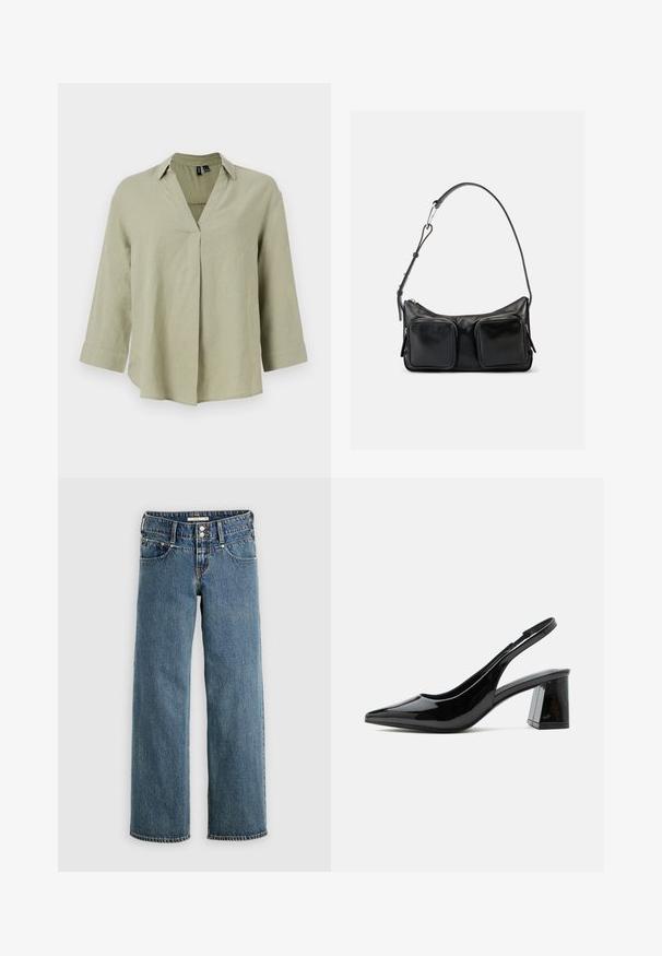 Olivengrøn linnedskjorte med V-hals, lange ærmer og en afslappet pasform. Har en center sømdetalje og oprullede manchetter.; Blå denimjeans med et lige ben design, med knaplukning, fem lommer og kontrasterende syninger langs sømmene.; Sort slingback sko i lakeret læder med spids tå og chunky midhøj blokhæl på hvid baggrund.; Sort skuldertaske i læder med justerbar rem og to store forlommer med lynlås på en ensartet lys baggrund.