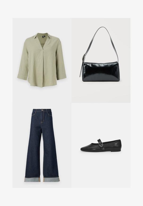 Olivengrøn linnedskjorte med V-hals, lange ærmer og en afslappet pasform. Har en center sømdetalje og oprullede manchetter.; Bredde ben mørk denim jeans med orange syninger, med høj talje, to forlommer og opbrettede manchetter, der viser et lysblåt kontraststof.; Sorte læder flade sko med rund tå, et enkelt justerbart spænde og en glat, blank overflade. Minimalistisk design med en lav hæl.; Sort rektangulær skuldertaske med en enkelt justerbar rem og lynlås i toppen på en ensfarvet baggrund.