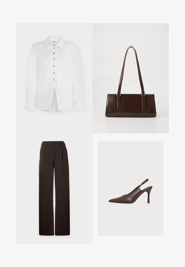Chemise blanche à manches longues avec col et boutons argentés sur le devant, étiquette Modström taille S.; Pantalon large marron foncé à taille haute, plis sur le devant, passants de ceinture et deux boutons décoratifs à la ceinture, présenté sur un fond uni.; Chaussure à talon haut en cuir marron à bout pointu et bride arrière avec talon aiguille sur fond blanc.; Sac à main en cuir verni marron de forme rectangulaire, avec deux longues poignées et des accents courbés subtils à l'avant.