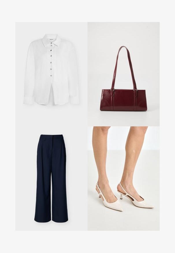 Chemise blanche à manches longues avec col et boutons argentés sur le devant, étiquette Modström taille S.; Pantalon large bleu marine à taille haute avec des plis avant, présenté sur un fond blanc uni.; Escarpins à talon slingback en cuir verni beige avec un bout pointu et un talon de 5 cm, présentant des côtés découpés et une fine bride à la cheville.; Sac à main bordeaux en matériau brillant, de forme rectangulaire, avec deux anses et des accents légèrement courbés à l'avant.