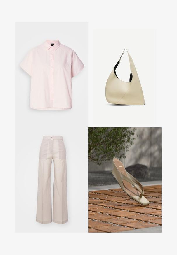 Lys pink kortærmet skjorte med knapper lavet af bomuld. Har en klassisk krave, forreste knapper og en buet kant. Glat tekstur.; Beige brede bukser lavet af et letvægtigt vævet stof, med høj talje, enkelt frontknaplukning og en subtil tekstur.; Beige læder tåsandal med BOSS-logo på indersålen, svævende over en terrasse med trælameller og små sten imellem.; Skuldertaske i cremelærret glat læder med buet trekantet form og justerbar rem med sølvspænde.