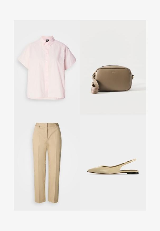 Chemise à manches courtes et boutonnée de couleur rose clair en coton. Elle présente un col classique, des boutons à l'avant et un ourlet incurvé. Texture lisse.; Pantalon beige à jambe droite avec passants pour ceinture, pli avant et fermeture dissimulée, présenté sur un fond clair.; Chaussure plate beige à bout pointu avec bride arrière, petit talon noir et finition en cuir lisse, vue de côté sur un fond uni.; Sac bandoulière rectangulaire en cuir taupe avec logo BOSS doré et sangle en tissu de marque amovible sur fond blanc.