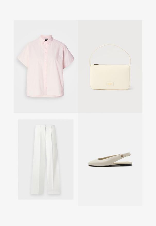 Camisa de botones de manga corta color rosa claro, hecha de algodón. Presenta un cuello clásico, botones en la parte delantera y un dobladillo curvado. Textura suave.; Pantalones blancos de talle alto, pierna ancha, confeccionados a medida con pliegues delanteros y cierre de cremallera oculto.; Zapato plano slingback de cuero color crema con puntera redondeada y pequeño emblema dorado en la correa.; Bolso rectangular color crema con una sola correa y cremallera superior, con una pequeña placa de logotipo en relieve en el frente.