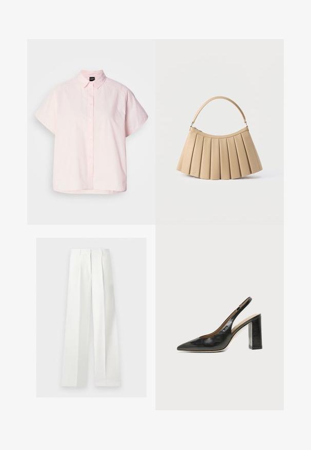 Chemise à manches courtes et boutonnée de couleur rose clair en coton. Elle présente un col classique, des boutons à l'avant et un ourlet incurvé. Texture lisse.; Pantalon blanc taille haute à jambes larges, confectionné, avec plis devant et fermeture éclair cachée.; Chaussure slingback en cuir noir à bout pointu avec un talon bloc haut et une doublure intérieure beige sur un fond clair uni.; Sac à main plissé beige avec fermeture éclair incurvée en haut et poignée arquée simple, présenté sur un fond blanc.