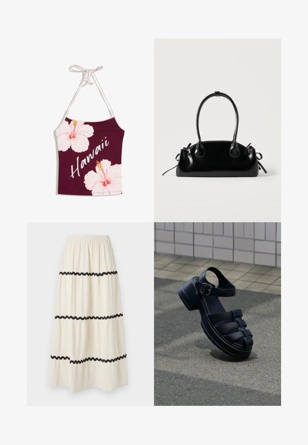 Haut dos nu marron avec liens roses, grandes fleurs d'hibiscus roses, et « Hawaii » écrit en diagonale en lettres blanches cursives.; Jupe longue à volants en tissu crème avec des bords ondulés noirs. Dotée d'une taille élastique pour plus de confort et d'un tomber fluide et léger.; Sandale en cuir noir à bout fermé, bride à la cheville, boucle en métal, semelle épaisse, reposant sur un trottoir gris près d'un mur carrelé.; Petit sac à main noir brillant avec deux longues anses et des détails à cordon sur les côtés sur un fond clair uni.