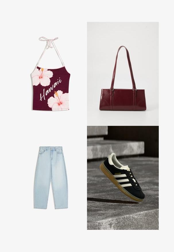 Haut dos nu marron avec liens roses, grandes fleurs d'hibiscus roses, et « Hawaii » écrit en diagonale en lettres blanches cursives.; Jean droit bleu clair en denim. Comprend des poches avant, des passants pour ceinture, et un ourlet à finition propre avec un léger effet délavé et des textures minimales.; Baskets noires Adidas München avec des rayures blanches et une semelle en gomme, flottant au-dessus de marches en béton texturé.; Sac à main bordeaux en matériau brillant, de forme rectangulaire, avec deux anses et des accents légèrement courbés à l'avant.
