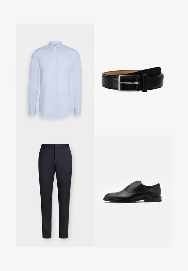 Lichtblauw langslowel shirt van soepel katoen, met een klassieke kraag, knoopsluiting en subtiele branding op de borst.; Zwarte, op maat gemaakte slim-fit broek met riemlussen en verborgen voorzijde sluiting, weergegeven tegen een witte achtergrond.; Zwarte leren dresschoenen met een ronde neus, vetersluiting en subtiele stikseldetails. Voorzien van een lage hak en een gladde textuur.; Zwarte leren riem met een zilveren rechthoekige gesp, met een gladde textuur en contrasterende tan voering aan de binnenzijde.