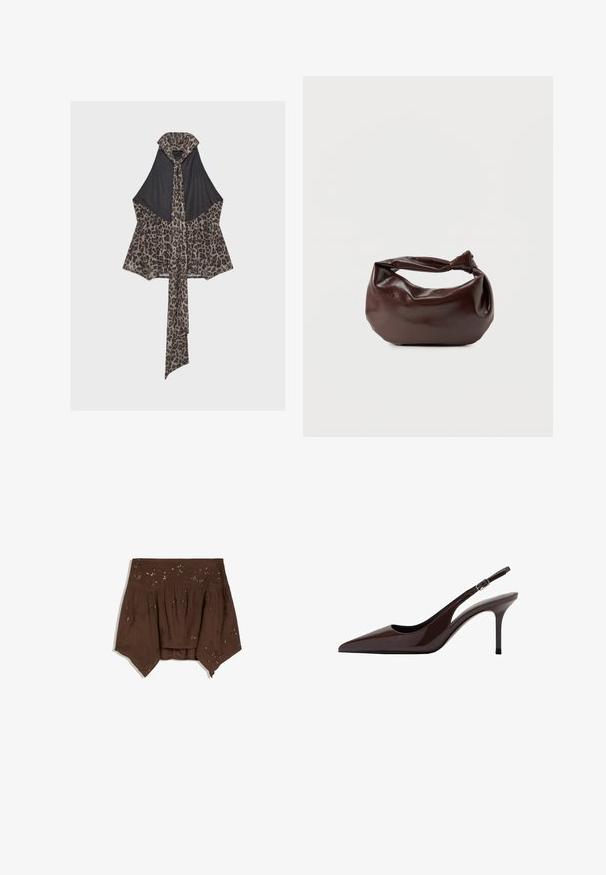 Haut dos nu noir avec bordure imprimé léopard marron et longue écharpe assortie nouée autour du cou et tombant sur le devant.; Haut marron épaules dénudées avec ourlet asymétrique, tissu froncé et subtils ornements floraux en sequins.; Talons slingbacks en cuir verni marron avec un bout pointu, un talon fin et une bride réglable. Texture lisse et finition brillante.; Sac bandoulière en cuir marron foncé avec une forme souple et décontractée et une anse nouée torsadée sur un fond blanc uni.
