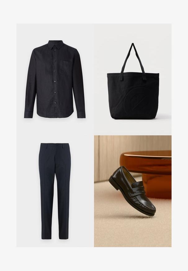 Chemise noire à manches longues en tissu texturé, avec un devant à boutons, un col classique et une poche plaquée sur la poitrine gauche.; DRYKORN AJEND - Chino - blue; Mocassin en cuir noir brillant avec un détail de bride, posé sur un tapis beige près d'une table basse ronde en bois brun dans une pièce doucement éclairée.; Sac fourre-tout en toile noire avec deux bandoulières et un motif circulaire discret en relief sur le devant.
