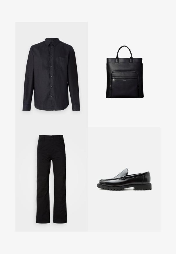 Chemise noire à manches longues en tissu texturé, avec un devant à boutons, un col classique et une poche plaquée sur la poitrine gauche.; Pantalons en coton noir avec une coupe droite, dotés d'une fermeture à bouton et de passants de ceinture. Texture lisse et style minimaliste sans motifs visibles.; Mocassin en cuir noir avec semelle en caoutchouc épaisse, dessus cousu et nom de marque embossé sur le talon, présenté de profil sur fond blanc.; Sac cabas en cuir noir avec anses supérieures et poche avant zippée portant un petit logo Calvin Klein sur la poche.