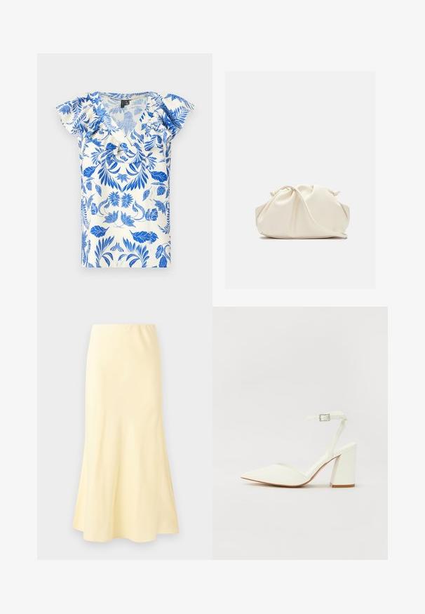 T-shirt à manches courtes avec un motif floral bleu sur fond crème, doté d'un décolleté en V et de volants le long des épaules.; Jupe longue jaune pâle avec un léger évasement en bas, présentant une texture lisse et une taille élastique.; Sandale blanche à talon avec un bout pointu, sangle de cheville réglable et un talon carré épais. Texture lisse avec des détails de couture minimaux.; Pochette en cuir souple couleur crème avec un design froncé et une fine bandoulière reposant à l’avant sur un fond uni.