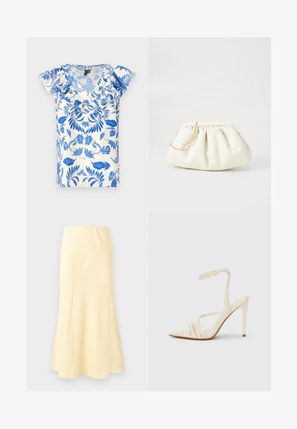T-shirt à manches courtes avec un motif floral bleu sur fond crème, doté d'un décolleté en V et de volants le long des épaules.; Jupe longue jaune pâle avec un léger évasement en bas, présentant une texture lisse et une taille élastique.; Sandales à talons hauts beiges avec un bout pointu, comportant trois brides à l'avant et une fine bride à la cheville avec une boucle. Texture lisse, design minimaliste.; Sac à main en cuir blanc avec un design plissé, doté d'une bandoulière en chaîne dorée et d'une forme arrondie. Texture lisse avec des plis doux et sans motifs.