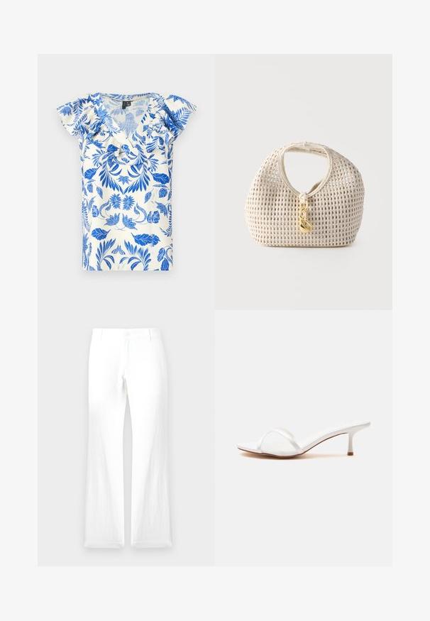 T-shirt à manches courtes avec un motif floral bleu sur fond crème, doté d'un décolleté en V et de volants le long des épaules.; Pantalons en lin blanc avec une jambe droite, fermeture à bouton et sans motifs visibles. Texture lisse et design minimaliste.; Mule blanche à bout ouvert avec une fine bride transparente sur le devant et un petit talon kitten sur une surface unie.; Sac à main tressé de couleur crème, forme arrondie, poignée courte et fermoir décoratif doré suspendu au centre devant.