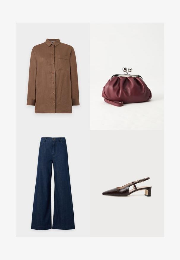 Chemise marron à manches longues avec boutons, col et une poche poitrine unique, en tissu texturé.; Jean denim bleu foncé à jambes larges avec bouton avant et poches, présenté à plat sur un fond clair.; Chaussure slingback en cuir marron foncé à texture crocodile, bout pointu, talon bas bloc et bride ajustable avec boucle dorée.; Petit sac pochette en cuir bordeaux avec fermoir métallique argenté et bracelet sur fond blanc.