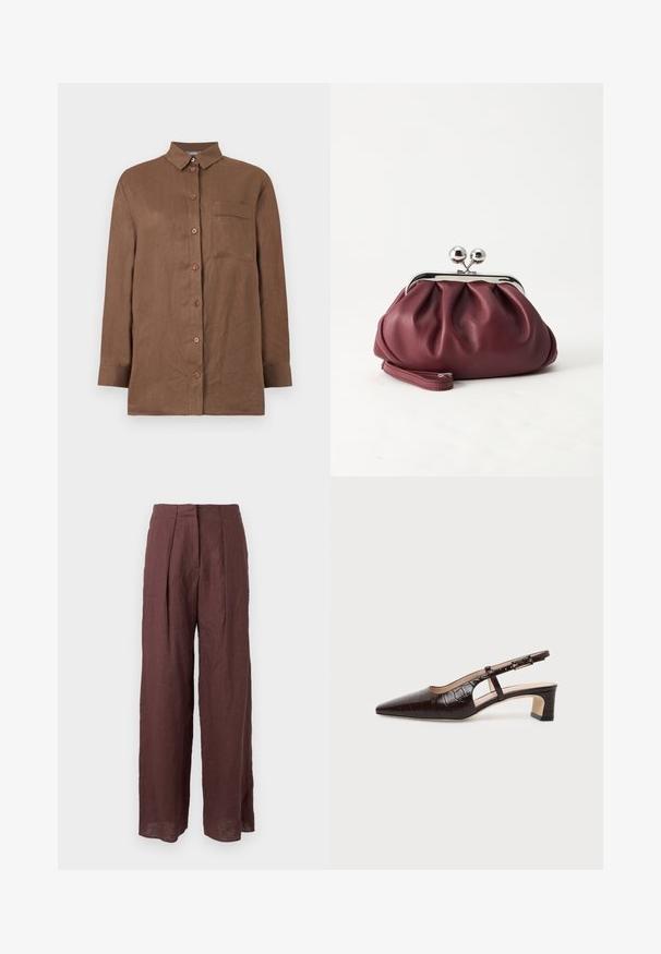 Chemise marron à manches longues avec boutons, col et une poche poitrine unique, en tissu texturé.; Pantalon large taille haute marron foncé avec plis sur le devant et taille structurée, fabriqué en tissu léger.; Chaussure slingback en cuir marron foncé à texture crocodile, bout pointu, talon bas bloc et bride ajustable avec boucle dorée.; Petit sac pochette en cuir bordeaux avec fermoir métallique argenté et bracelet sur fond blanc.