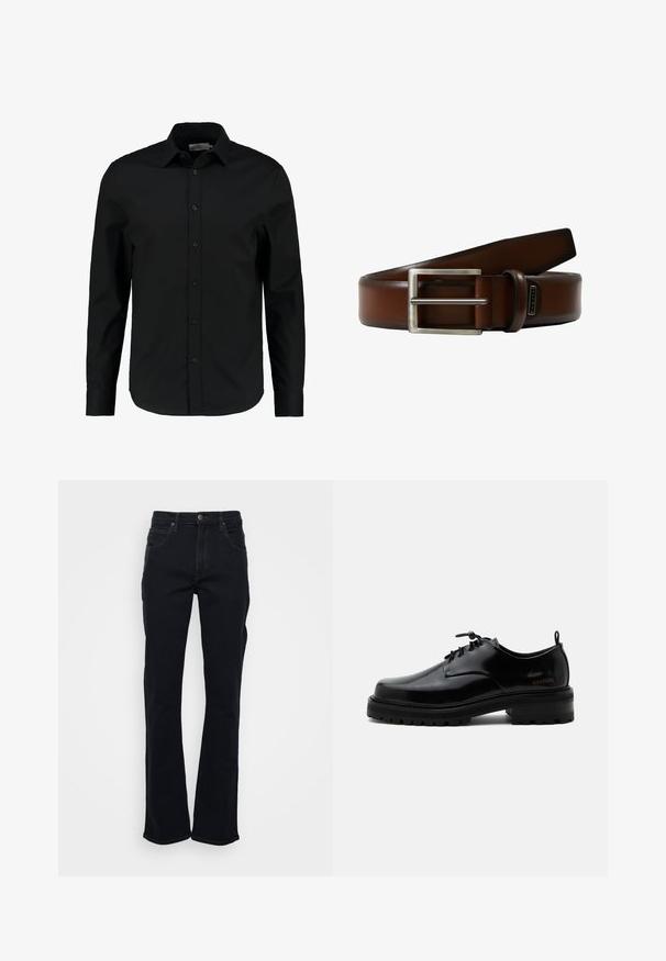 Sort langærmet skjorte lavet af glat stof, har en knaplukning foran, spidse kraver og en skræddersyet pasform med en buet kant.; Sorte jeans med lige ben, fem-lomme design, knap- og lynlås lukning samt synlige syninger på hvid baggrund.; Sort poleret læder snørestøvle med tyk gummisål og lav hæl, sideskilt med mærketekst "SAMSOE" og bageste træksnor.; Brun læderbælte med en skinnende sølv rektangulær spænde. Glat tekstur, robust design og har en enkelt konisk lukning.