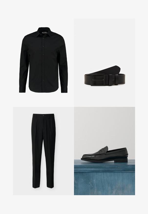 Black long-sleeve shirt made of smooth fabric, features a button-up front, pointed collar, and a tailored fit with a curved hem.; Black high-waist tailored trousers with belt loops, front pleats, side pockets, and a button and zipper closure.; Black leather loafers with a sleek design, featuring a stitched toe and a smooth finish. The shoe has a low-profile heel and minimal detailing.; Black leather belt rolled with a matte black rectangular metal buckle and two belt loops on a white background.