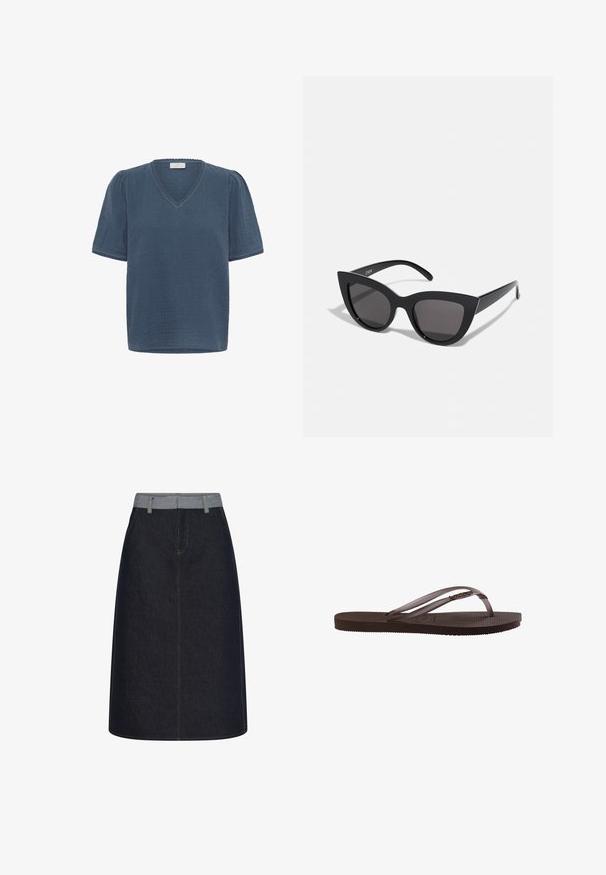 Kaffe KAMAI - Camiseta estampada - ensign blue; Falda en línea A de mezclilla azul oscuro con cinturilla y presillas para cinturón en azul claro, con costuras en contraste y detalle de costura frontal.; Sandalia de goma marrón con suela texturizada y tiras finas que presentan un pequeño detalle metálico decorativo en el lateral.; Gafas de sol negras en forma de ojo de gato con un acabado mate, que presentan lentes ahumados grises, ángulos pronunciados y brazos laterales elegantes. Nombre de la marca visible en el interior del brazo.
