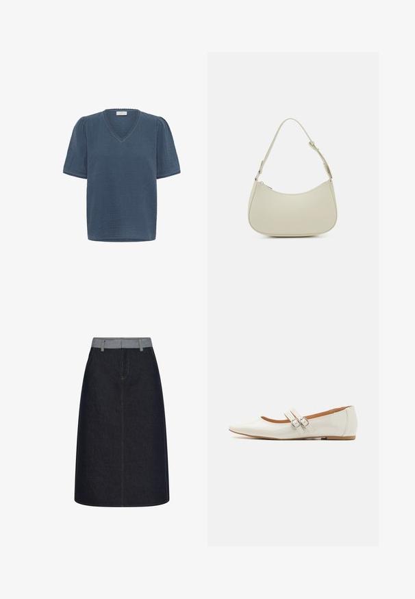 Kaffe KAMAI - T-shirt print - ensign blue; Donkerblauwe jeans A-lijn rok met lichtblauwe tailleband en lussen voor een riem, met contrasterende stiksels en een detail van een naad aan de voorkant.; Witte patenten leren ballerina's met een puntige neus, twee decoratieve banden met zilveren gespen en een subtiele bruine zool.; Pieces PCALUANA SHOULDER BAG - Handtas - birch