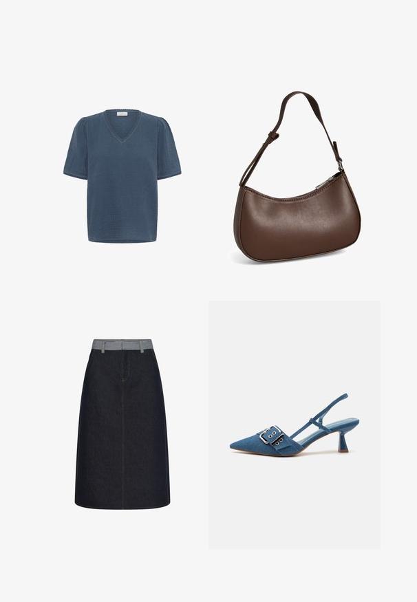 Kaffe KAMAI - T-shirt print - ensign blue; Donkerblauwe jeans A-lijn rok met lichtblauwe tailleband en lussen voor een riem, met contrasterende stiksels en een detail van een naad aan de voorkant.; Denim slingback pumps met een spitse neus, verstelbare gespstrap en een glanzende blauwe hak. Glad textuur met een lichtblauwe inlegzool.; Kleine bruine leren schoudertas met verstelbare band en ritssluiting, getoond tegen een witte achtergrond. Geen zichtbaar merk of versieringen.