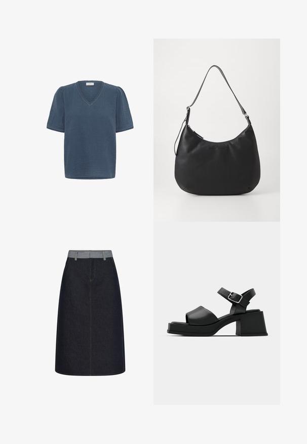 Kaffe KAMAI - Camiseta estampada - ensign blue; Falda en línea A de mezclilla azul oscuro con cinturilla y presillas para cinturón en azul claro, con costuras en contraste y detalle de costura frontal.; Sandalias de plataforma de cuero negro con diseño de puntera abierta, correa en el tobillo y un tacón cuadrado grueso. Textura suave y estilo minimalista.; Bolso hobo negro fabricado con material suave y duradero. Cuenta con una sola correa ajustable y un logotipo sutilmente grabado en la parte frontal.