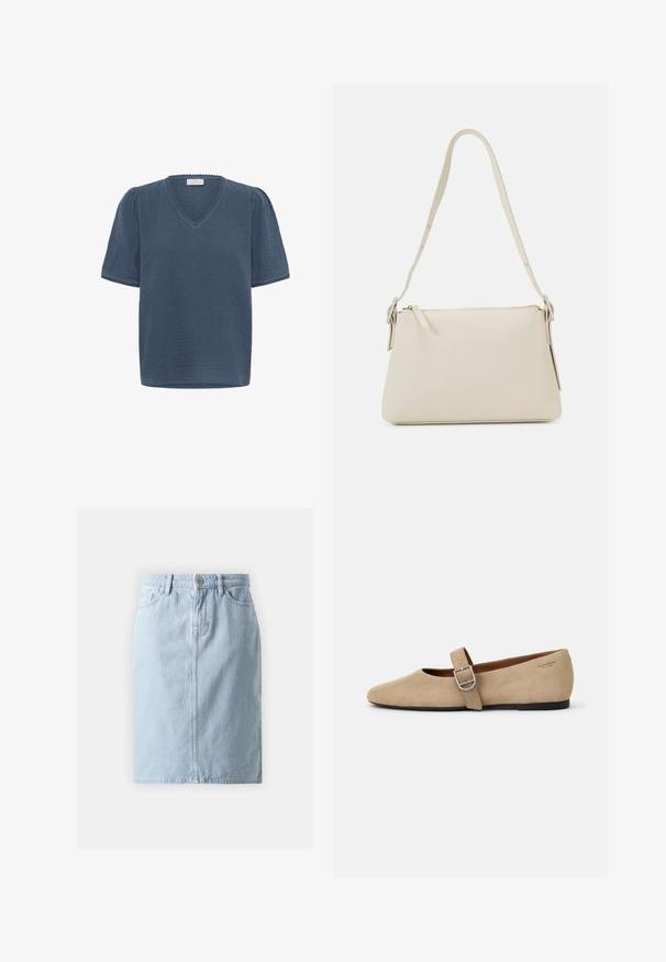 Kaffe KAMAI - T-shirt print - ensign blue; Lichtblauwe denimrok met een rechte snit, voorzakken en een enkele knoopsluiting in de taille. Glad oppervlak met minimale stiksels.; Beige suède Mary Jane balletschoenen met een spitse neus en een enkele verstelbare band met een zilveren gesp. Zwarte platte zool.; Beige schoudertas van glad leer met een ritsluiting. Kenmerkt zich door een eenvoudig ontwerp, een slanke schouderband en metalen hardwareaccenten.