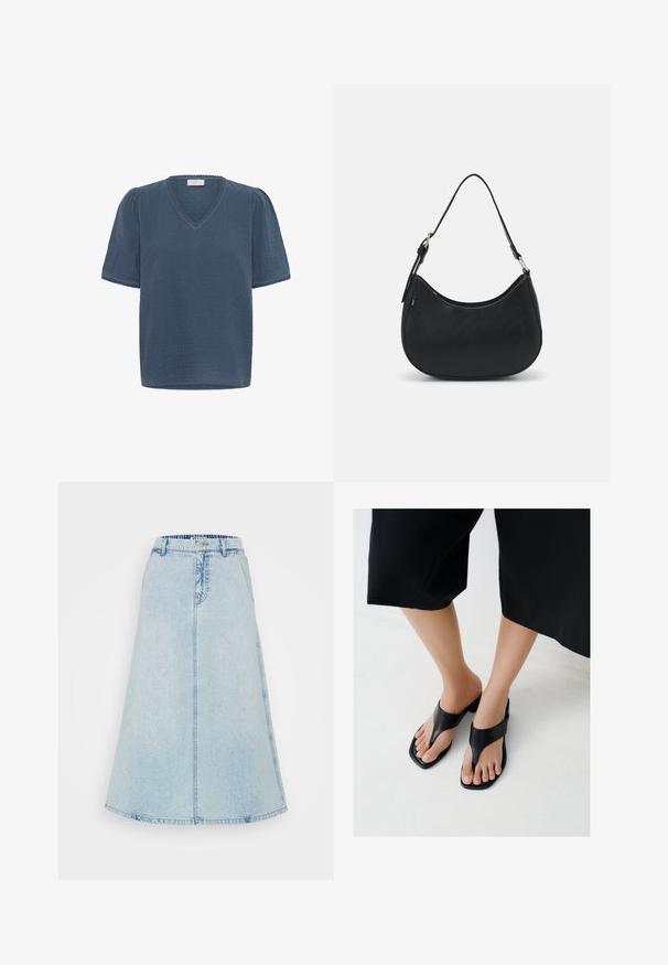 Kaffe KAMAI - T-shirt print - ensign blue; Een lichtblauwe denim midi-rok, met een uitlopende vorm, een tailleband met riemlussen en zichtbare stiksels langs de naden.; Voeten met zwarte sandalen met vierkante neus en hak, brede banden, gecombineerd met cropped zwarte broek op een lichte vloer.; Zwarte hobo tas van soepel leer met een gebogen silhouet, voorzien van een enkele verstelbare schouderriem en minimalistische ontwerpdetails.