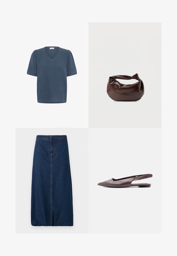 Kaffe KAMAI - Tričko s potlačou - ensign blue; Tmavomodrá rovná rifľová sukňa s predným švom a pásom, dĺžka po kolená, bez viditeľných vreciek alebo gombíkov, jednoduchý dizajn.; Bordová plochá obuv so špičatou špičkou, otvorenou pätou, nízkym podpätkom a nastaviteľným remienkom na bielom pozadí.; Tmavohnedá kožená kabelka cez rameno s mäkkým, voľným tvarom a držadlom v podobe skrúteného uzla na jednoduchom bielom pozadí.