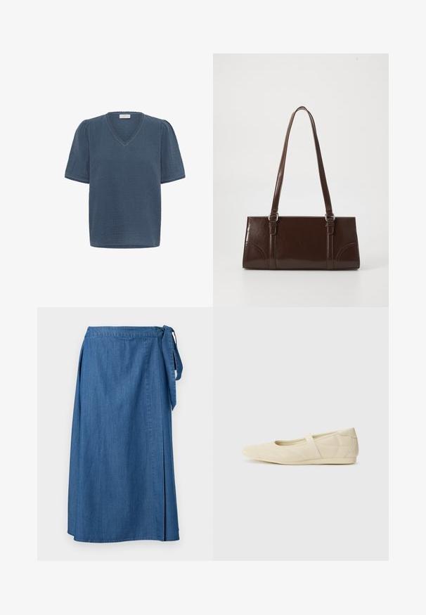 Kaffe KAMAI - Camiseta estampada - ensign blue; Falda cruzada de mezclilla azul con cierre de lazo lateral, de longitud desde la rodilla hasta la mitad de la pantorrilla, mostrada sobre un fondo blanco liso.; Bailarinas beige con un exterior de cuero liso, punta en forma de almendra y una correa elástica en el empeine, con detalles de costura sutiles.; Bolso de mano de piel sintética marrón con forma rectangular, dos asas largas y sutiles acentos curvados en la parte delantera.