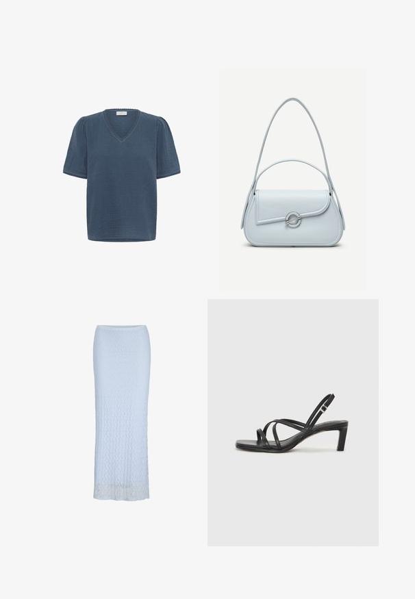 Kaffe KAMAI - T-shirt print - ensign blue; Lichtblauwe kanten kokerrok met recht model, hoge taille en halftransparante bloemenkant die tot aan de enkellengte reikt.; Zwarte sandaal met bandjes, vierkante teen en een lage blokhak. Voorzien van meerdere dunne bandjes en een verstelbare enkelband. Gemaakt van zacht leer.; Lichtblauwe leren handtas met een afgeronde klep, zilveren ronde sluiting en twee schouderbanden tegen een effen achtergrond.