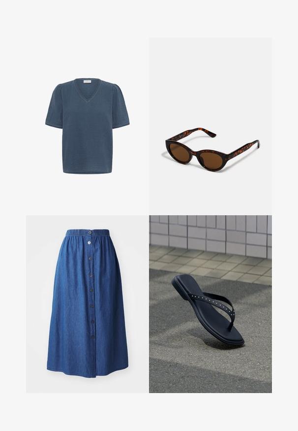 Kaffe KAMAI - Camiseta estampada - ensign blue; Falda de mezclilla con una cintura elástica, tela azul, de longitud completa, cierre frontal con botones y una textura sutil. Sin patrones o acentos visibles.; Sandalia negra tipo chancla con tiras tachonadas suspendida sobre pavimento de asfalto cerca del borde de una pared con azulejos.; Gafas de sol de carey marrón con una forma vintage de ojo de gato y lentes marrones. Presentan brazos curvados con acentos rojos.