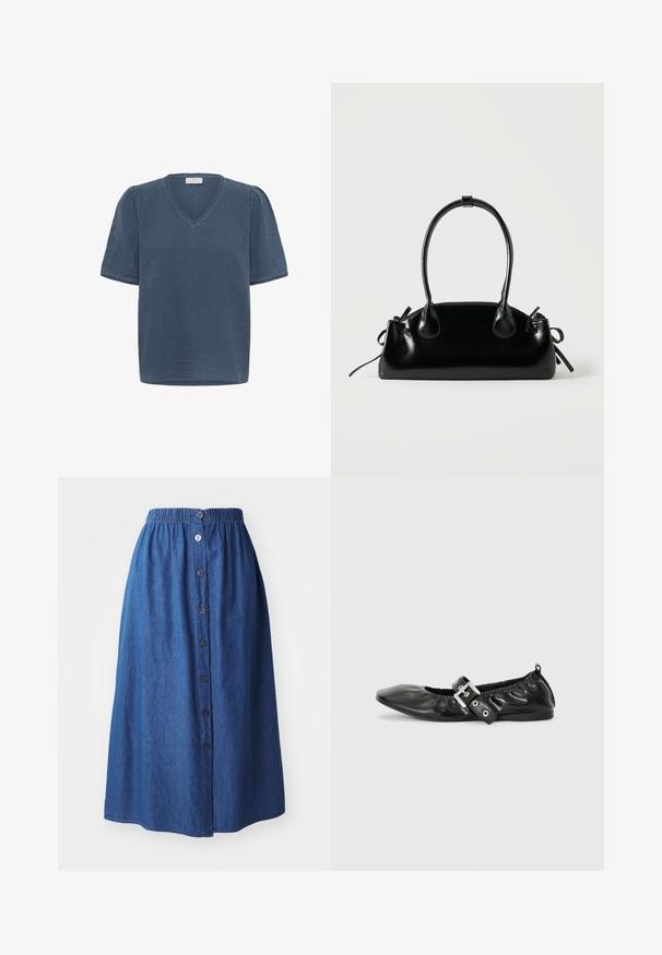 Kaffe KAMAI - T-shirt print - ensign blue; Denimrok met een elastische tailleband, blauwe stof, volledige lengte, knoopsluiting aan de voorkant en subtiele textuur. Geen zichtbare patronen of accenten.; Zwarte leren platte schoen met een spitse neus, geplooide details rond de opening en een zilveren gespaccentueerde verstelbare band.; Kleine zwarte glanzende handtas met twee lange hengsels en zijkant trekkoord details op een effen lichte achtergrond.