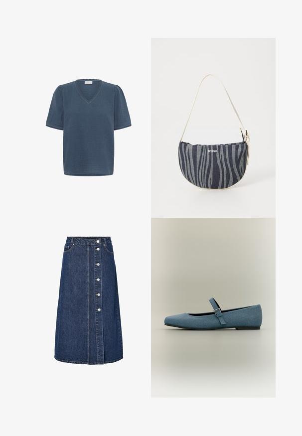 Kaffe KAMAI - T-shirt imprimé - ensign blue; Jupe en denim à taille haute, fermeture par boutons à l'avant, et deux poches latérales. Couleur bleu foncé, coupe droite, avec détail de couture visible.; Ballerine en tissu bleu avec une fine bride ajustable et une petite boucle argentée, semelle plate et bout arrondi, présentée sur un fond neutre.; Sac en denim à la forme incurvée, présentant un motif de rayures zèbre bleu marine et bleu clair, une bandoulière blanche et le logo de la marque bien en évidence.