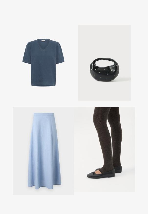 Kaffe KAMAI - T-shirt imprimé - ensign blue; Jupe trapèze bleu clair, longueur cheville, avec une taille ajustée, en tissu doux et texturé, présentée sur fond blanc.; Jambes portant des leggings côtelés foncés associés à des ballerines noires avec de petits détails en nœud sur fond blanc.; Sac à main en cuir noir de forme arrondie, décoré de clous argentés et équipé d'une poignée courte. Texture lisse et fermeture éclair.