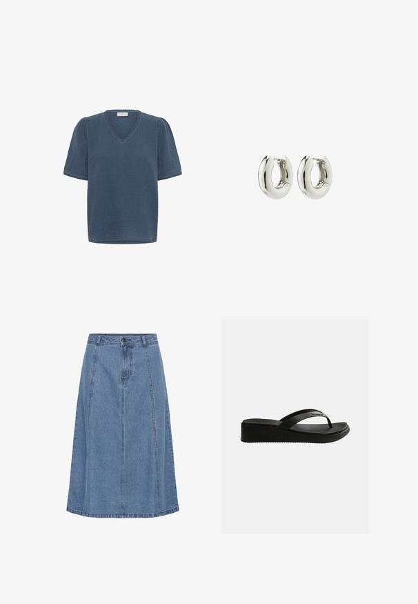 Kaffe KAMAI - Camiseta estampada - ensign blue; Falda azul vaquera línea A con costuras delanteras, trabillas para cinturón y cierre de botón en la cintura, estilo hasta la rodilla.; Sandalia de cuña negra con plantilla texturizada y tiras delgadas con una sutil marca, sobre un fondo blanco liso.; Pendientes de aro de plata con un diseño suave y redondeado y un acabado brillante. Presentan un cierre de bisagra sencillo para facilitar su uso.