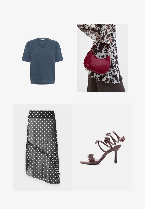 Kaffe KAMAI - T-shirt print - ensign blue; Zwarte rok met stippen en een transparante overlay, met een brede tailleband en een gelaagd, asymmetrisch ontwerp. Gladde textuur en lichtgewicht materiaal.; Donker mauve high-heeled sandaal met spiraal enkelbandje en meerdere 3D bloemen versieringen op de bandjes en bij de tenen.; Vrouw met een zwart-wit gebloemde blouse houdt een glanzende rode schoudertas vast tegen een effen achtergrond.