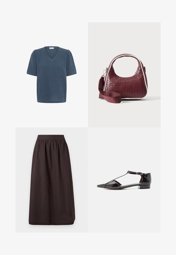 Kaffe KAMAI - T-shirt print - ensign blue; Donkerbruine midi-rok met brede tailleband en geplooide stof voor een licht uitlopende silhouet, getoond op een effen witte achtergrond.; Zwarte lakleren schoen met lage hak, spits toelopende neus en T-strap met sluitsluiting, zijaanzicht op een effen achtergrond.; Donkerrode geweven leren handtas met gebogen handvat, witte bies, zilveren rits en afneembare brede stoffen schouderriem tegen een effen achtergrond.
