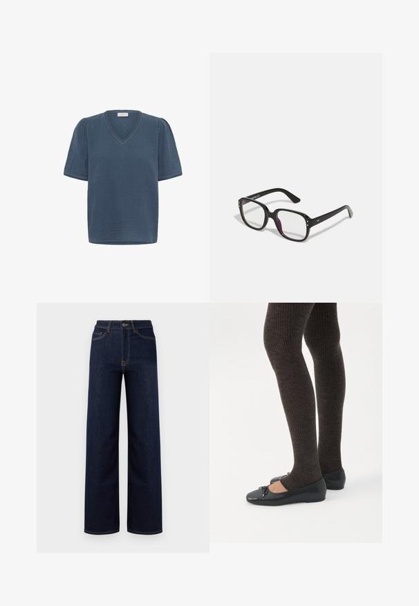 Kaffe KAMAI - Camiseta estampada - ensign blue; Jeans de corte amplio en azul oscuro hechos de denim, con una cintura alta, cuatro bolsillos y costuras en contraste a lo largo de las costuras.; Piernas con leggings oscuros acanalados combinados con bailarinas negras que presentan pequeños detalles de lazo sobre un fondo blanco.; Gafas rectangulares negras con lentes transparentes, con bordes redondeados y acentos laterales, con un acabado brillante en el marco y las patillas.
