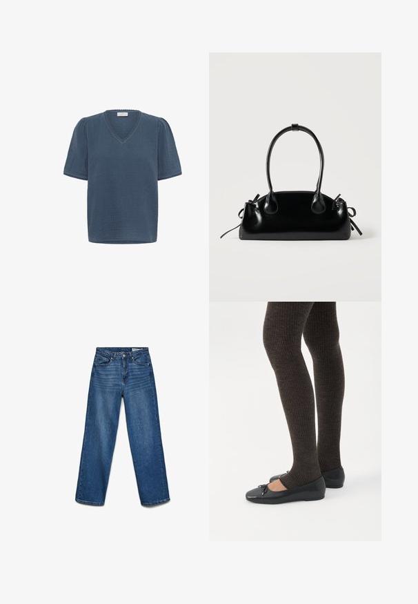 Kaffe KAMAI - T-shirt print - ensign blue; Blauwe spijkerbroek met rechte pijpen, voorzien van knopen en rits aan de voorkant, vijf zakken en subtiele vervaagde details op de dijen.; Benen met donkere geribbelde leggings gecombineerd met zwarte ballerina's met kleine strikdetails op een witte achtergrond.; Kleine zwarte glanzende handtas met twee lange hengsels en zijkant trekkoord details op een effen lichte achtergrond.