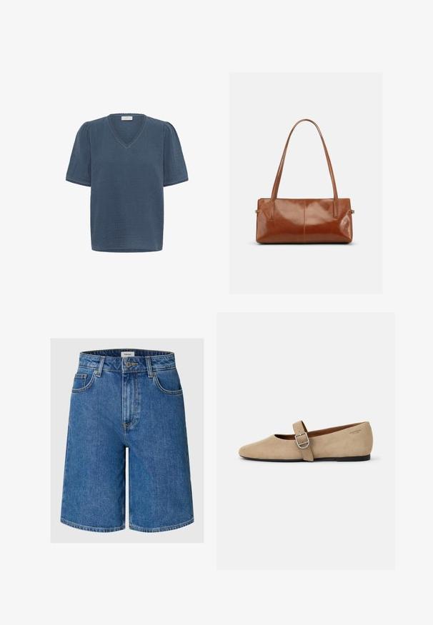 Kaffe KAMAI - Camiseta estampada - ensign blue; Pantalones cortos de denim azul hasta la rodilla con botón delantero, cremallera, trabillas para cinturón y dos bolsillos delanteros.; Bailarinas de ante beige estilo Mary Jane con punta afilada y una sola correa ajustable con hebilla de plata. Suela plana negra.; Bolso rectangular de cuero marrón con dos correas largas para el hombro, acabado brillante y liso, y un diseño minimalista sobre un fondo liso.
