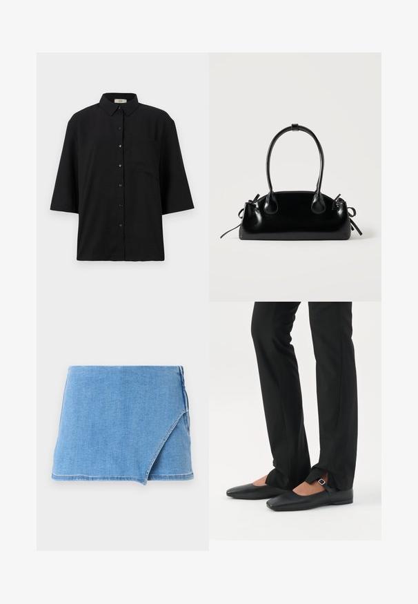 Schwarzes kurzärmliges Hemd mit Knopfleiste aus leichtem Stoff. Verfügt über einen klassischen Kragen und eine einzelne Brusttasche. Glatte Textur.; Hellblauer Jeans-Minirock mit Wickeldesign, fransigem Saum und glatter Textur. Keine zusätzlichen Verzierungen oder Muster.; Beine in schwarzen schmalen Hosen mit vorderen Schlitzen am Saum, kombiniert mit schwarzen flachen Mary-Jane-Schuhen mit kleinem Schnallenriemen.; Kleine schwarze glänzende Handtasche mit zwei langen Griffen und seitlichen Kordelzug-Details vor einfachem hellem Hintergrund.