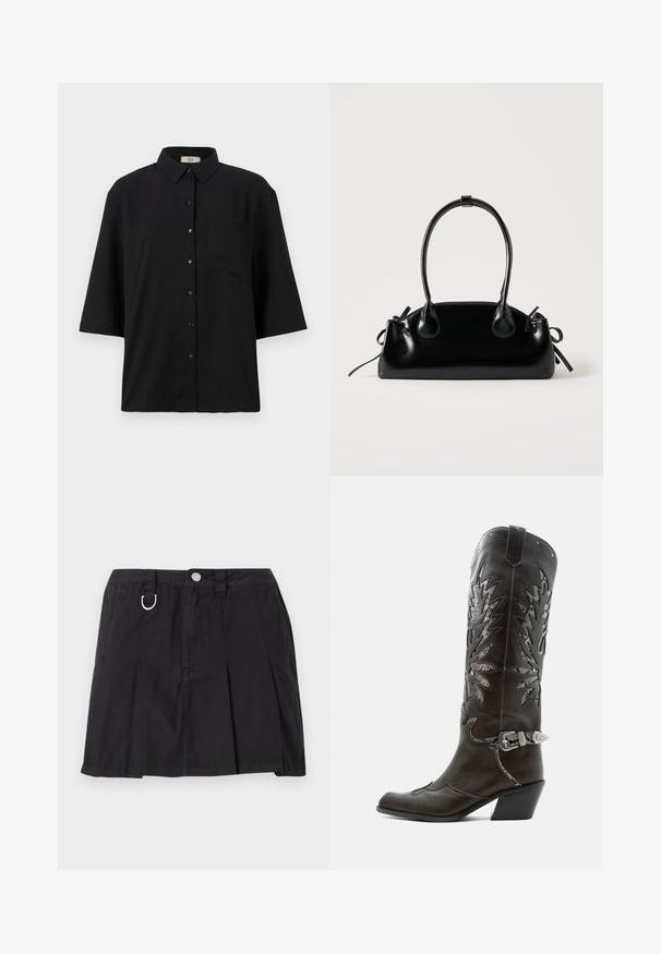 Schwarzes kurzärmliges Hemd mit Knopfleiste aus leichtem Stoff. Verfügt über einen klassischen Kragen und eine einzelne Brusttasche. Glatte Textur.; Schwarze Plisseerock aus Baumwolle mit einer Knopfleiste vorne, Gürtelschlaufen und einem D-Ring-Accent am Bund.; Schwarzer Leder-Cowboystiefel mit dekorativen Ausschnitten, silberner Schnalle und schräger Ferse, auf weißem Hintergrund dargestellt.; Kleine schwarze glänzende Handtasche mit zwei langen Griffen und seitlichen Kordelzug-Details vor einfachem hellem Hintergrund.